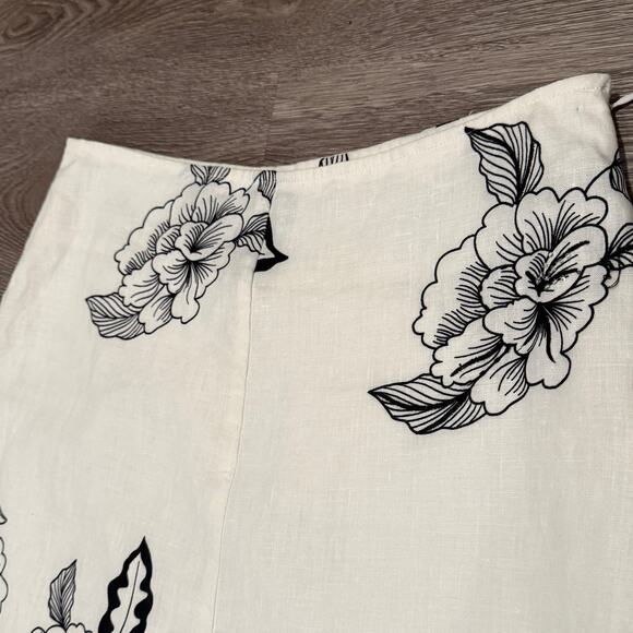 John Paul Richard 100% Linen Floral Skirt Black White Midi 8 Boho Cottage Chic - Picture 3 of 7